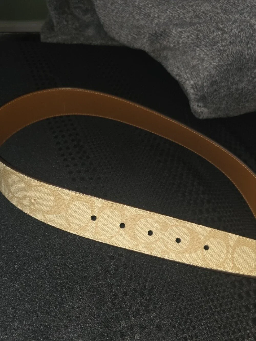 Coach Women's Signature Canvas Belt in Beige with Gold Buckle and Tan Trim